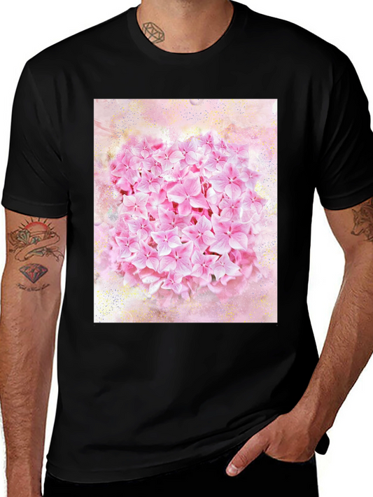 Pink Floral Print Black T-Shirt