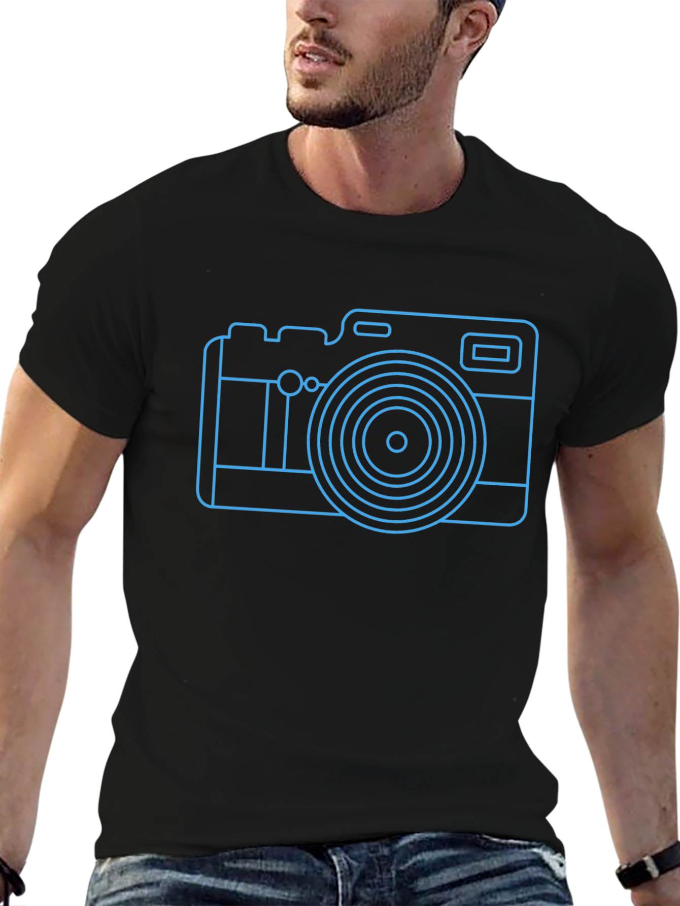 Neon Camera Graphic Tee - Black Casual T-Shirt