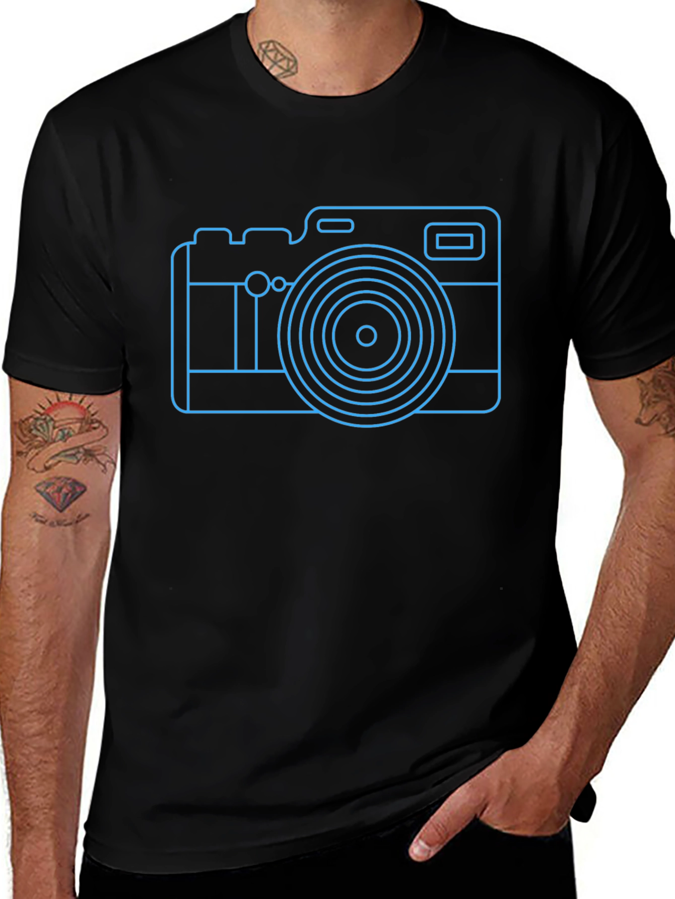 Neon Camera Graphic Tee - Black Casual T-Shirt