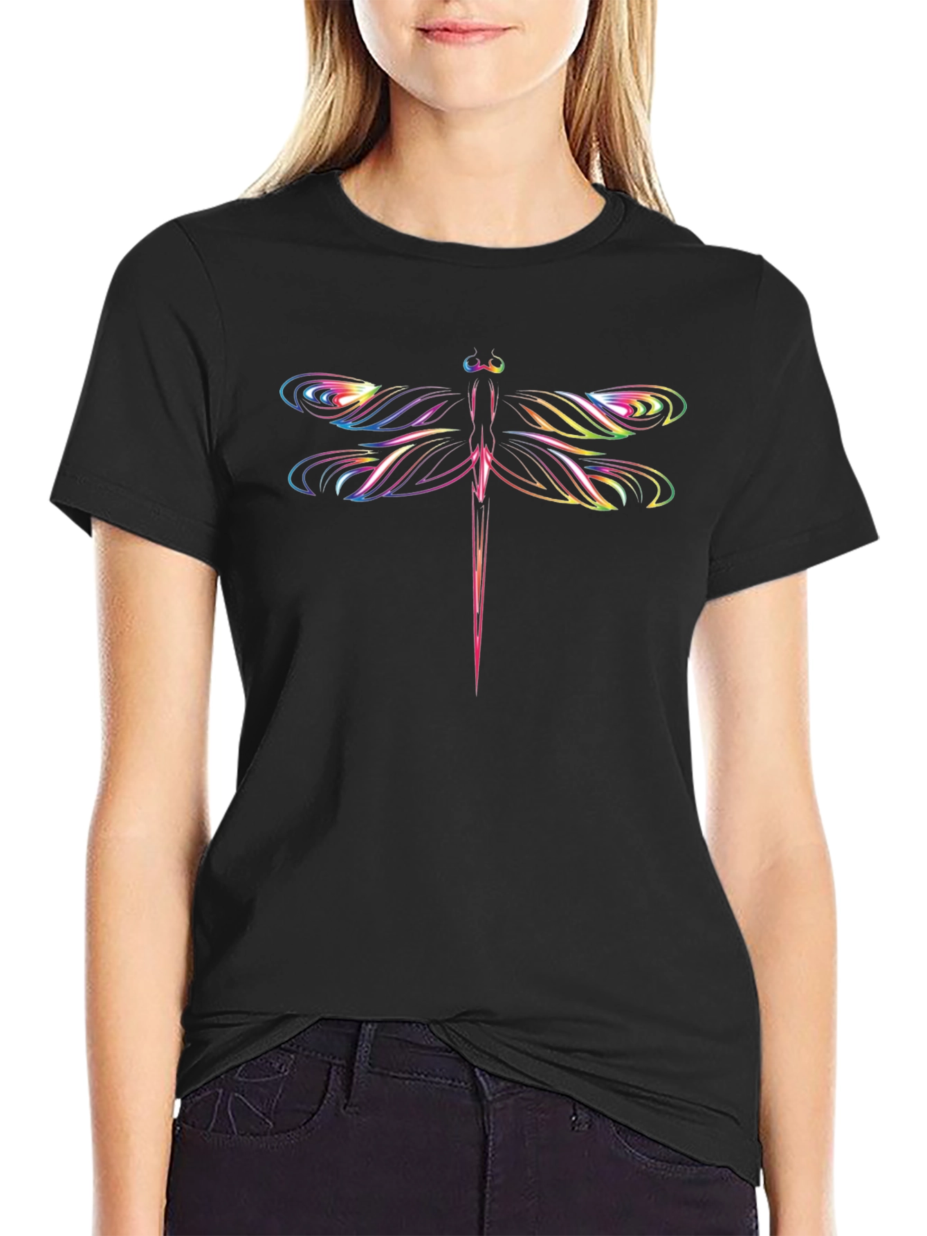 Vibrant Dragonfly Graphic Black T-Shirt