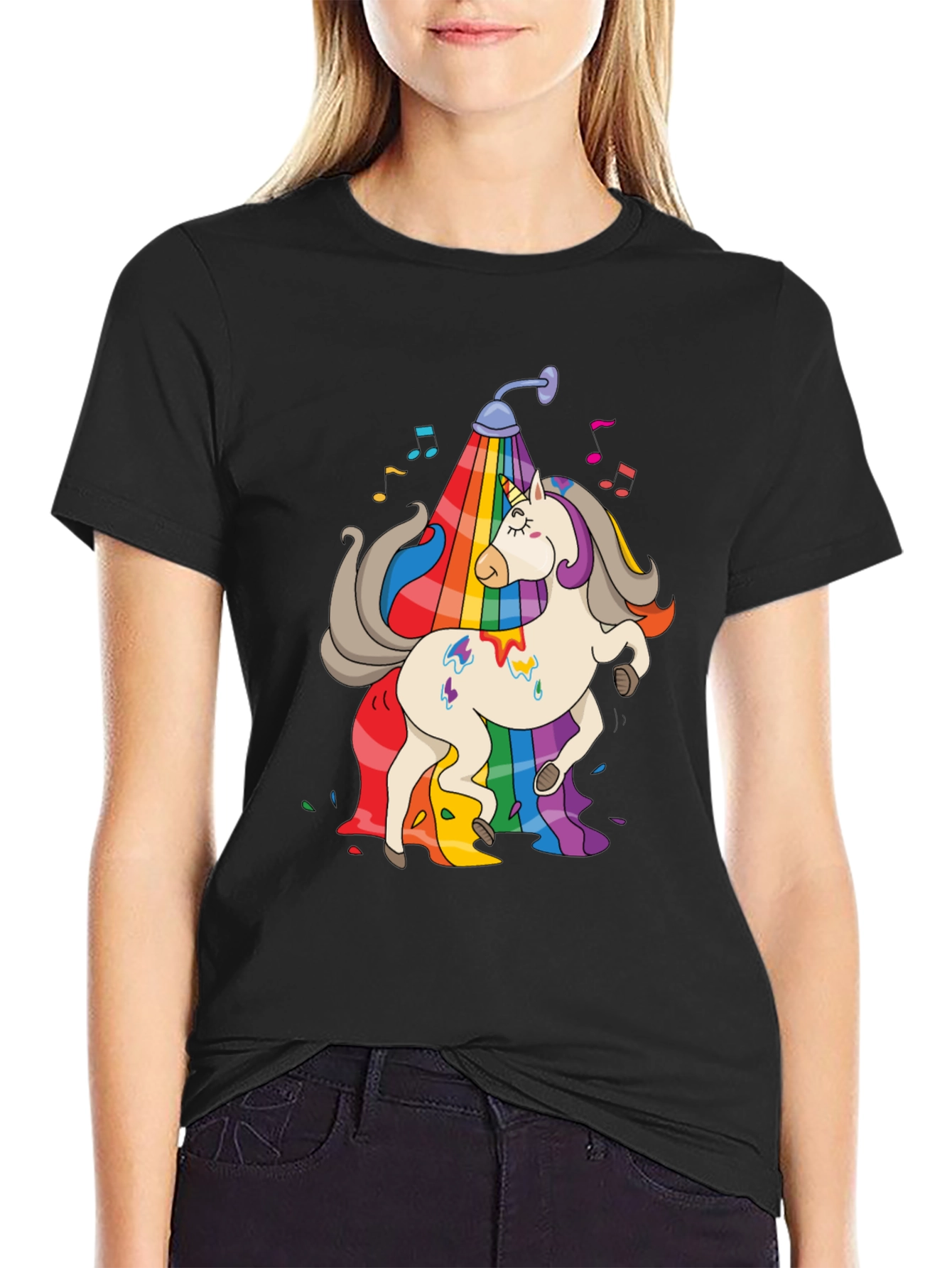 Rainbow Unicorn Shower Black T-Shirt