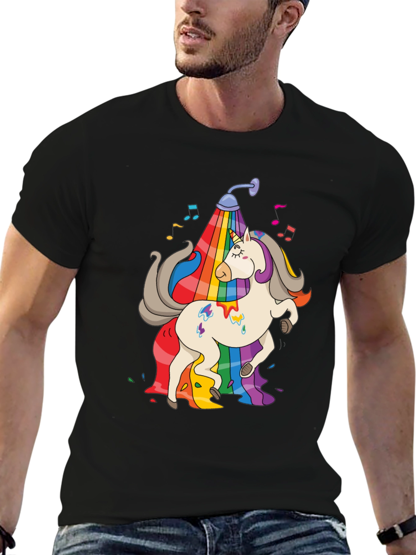 Rainbow Unicorn Shower Black T-Shirt