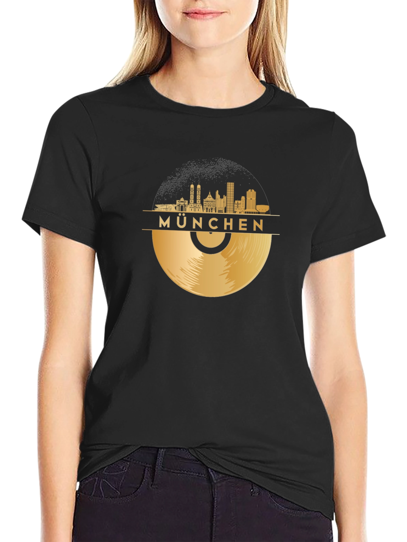 Munchen Skyline Vinyl Record Black T-Shirt