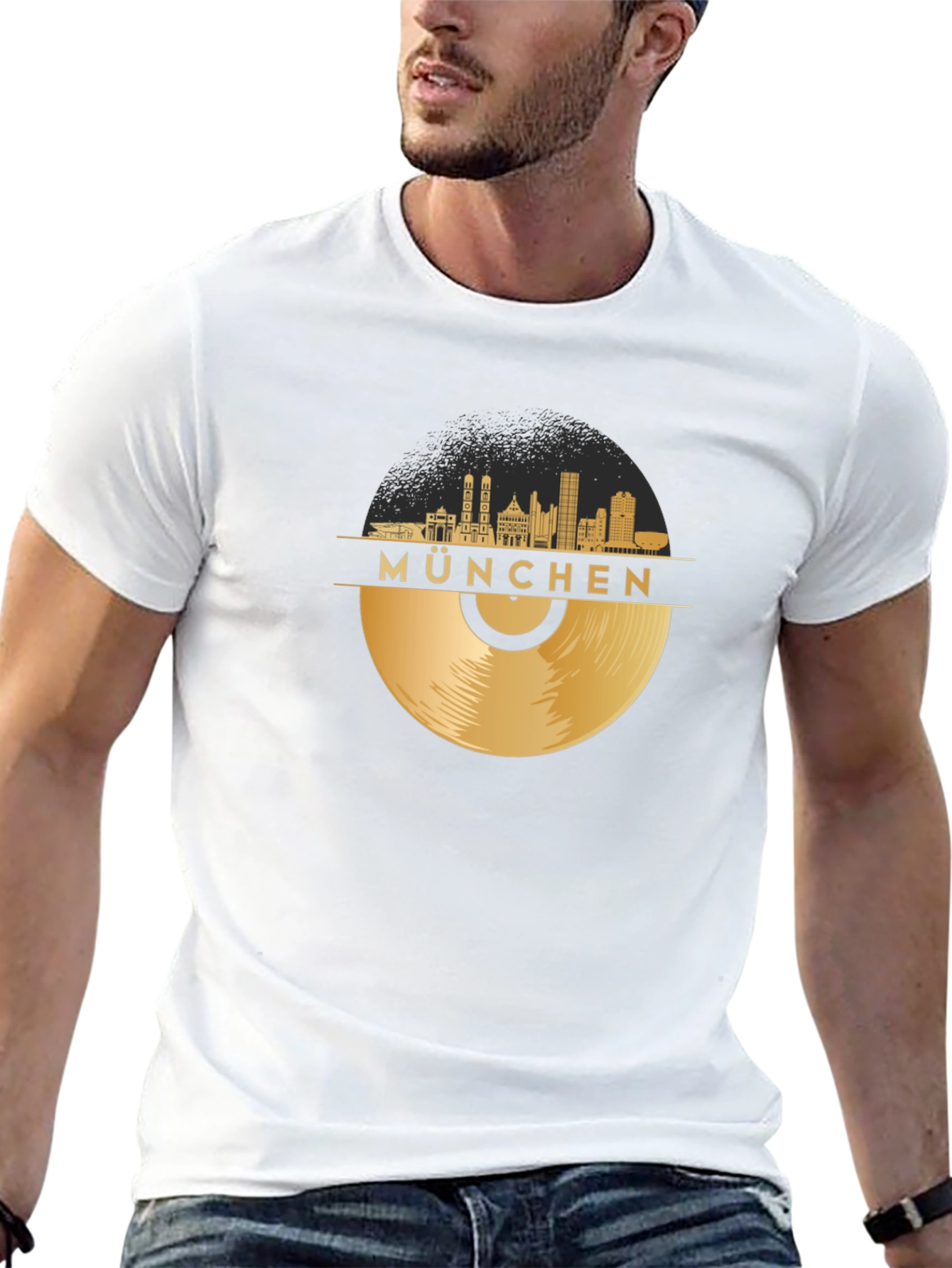 Munchen Skyline Vinyl Record Black T-Shirt