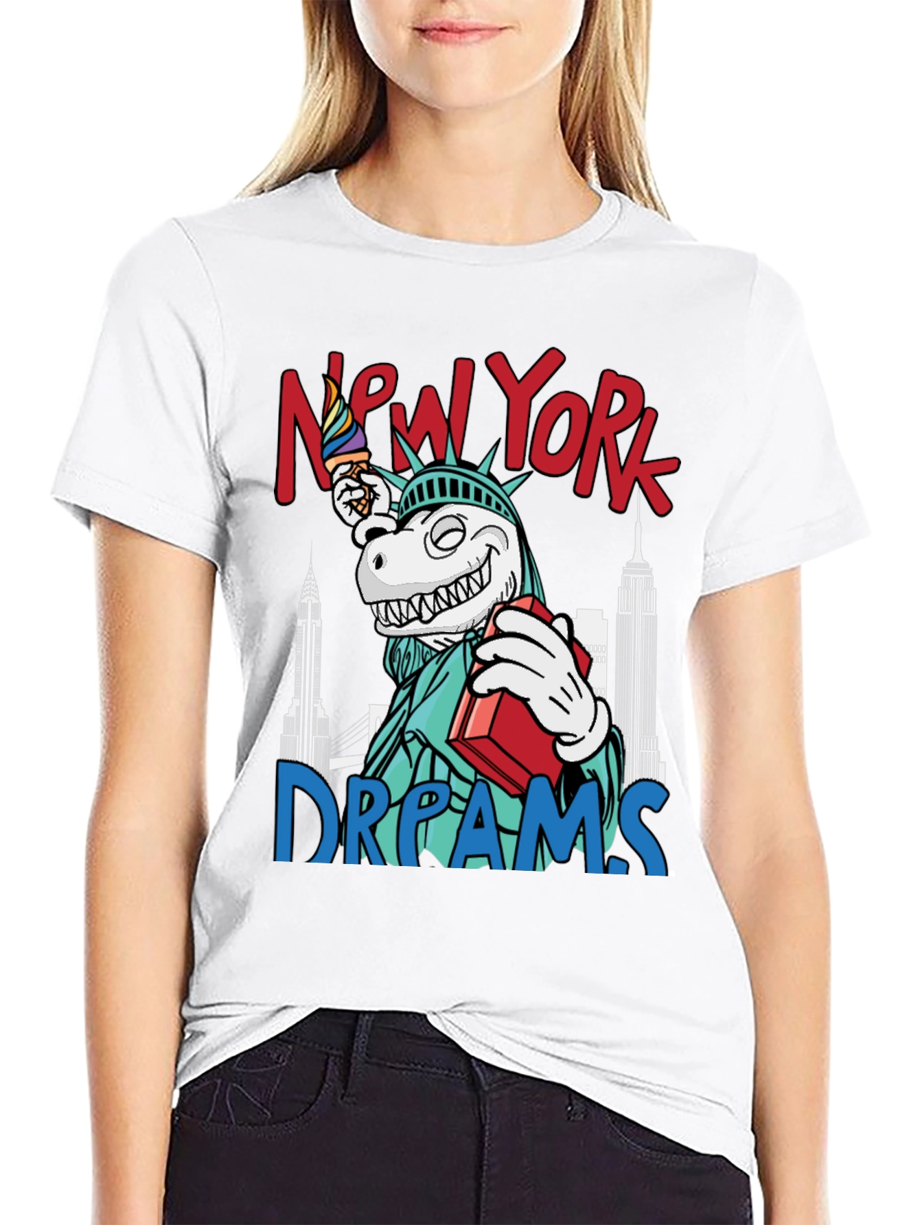 New York Dreams T-Shirt: Dinosaur Liberty Funny Tee