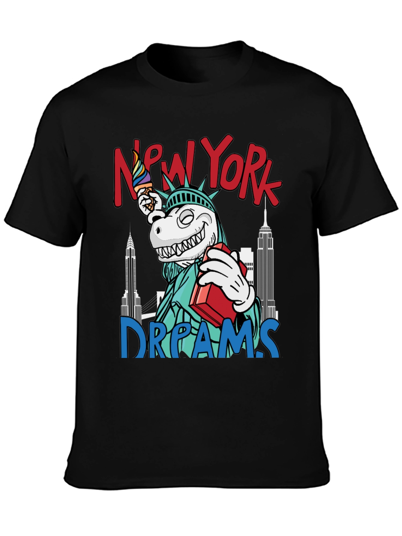New York Dreams T-Shirt: Dinosaur Liberty Funny Tee