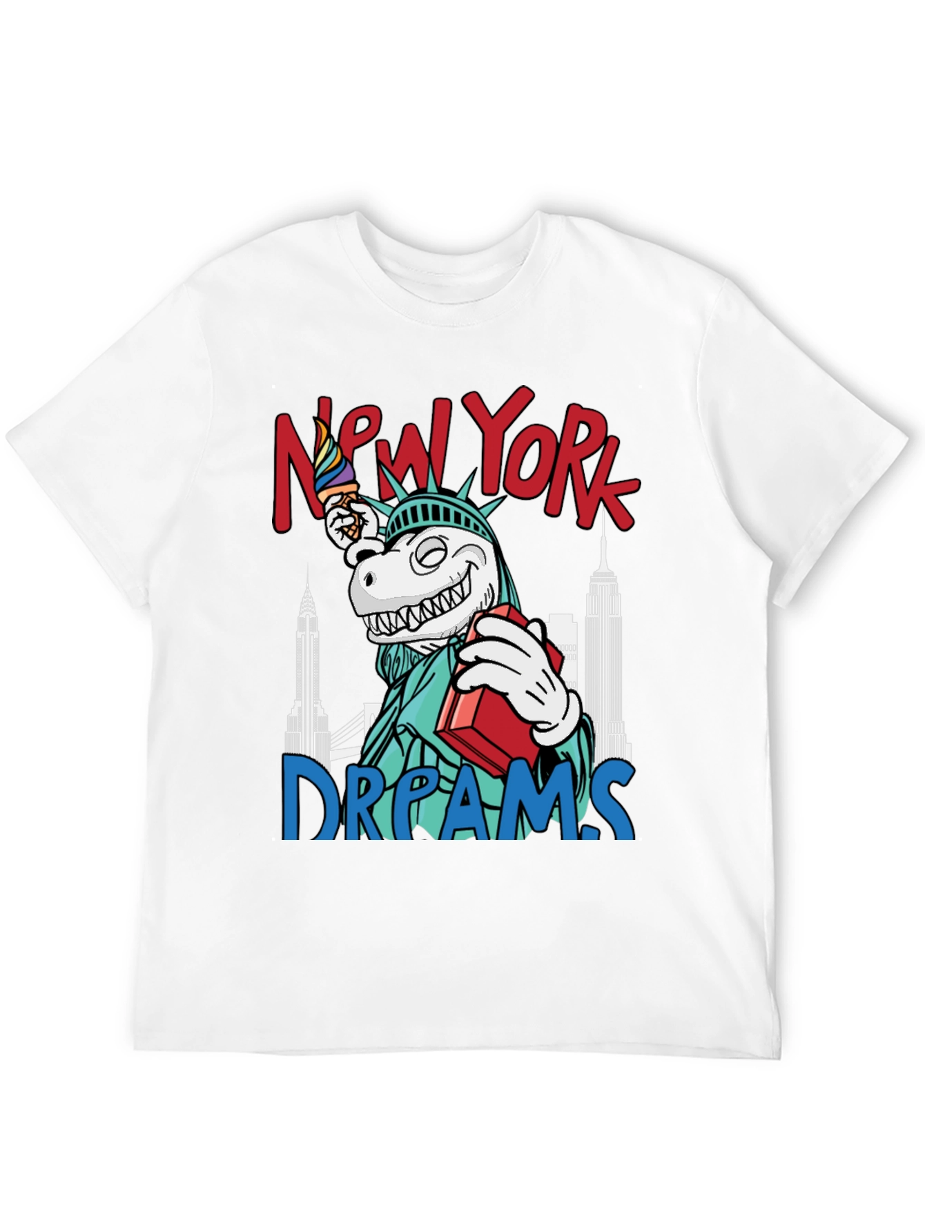 New York Dreams T-Shirt: Dinosaur Liberty Funny Tee