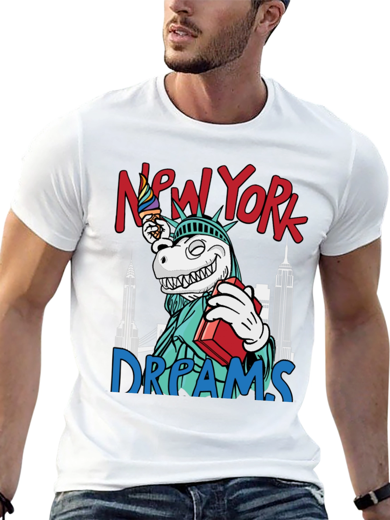 New York Dreams T-Shirt: Dinosaur Liberty Funny Tee