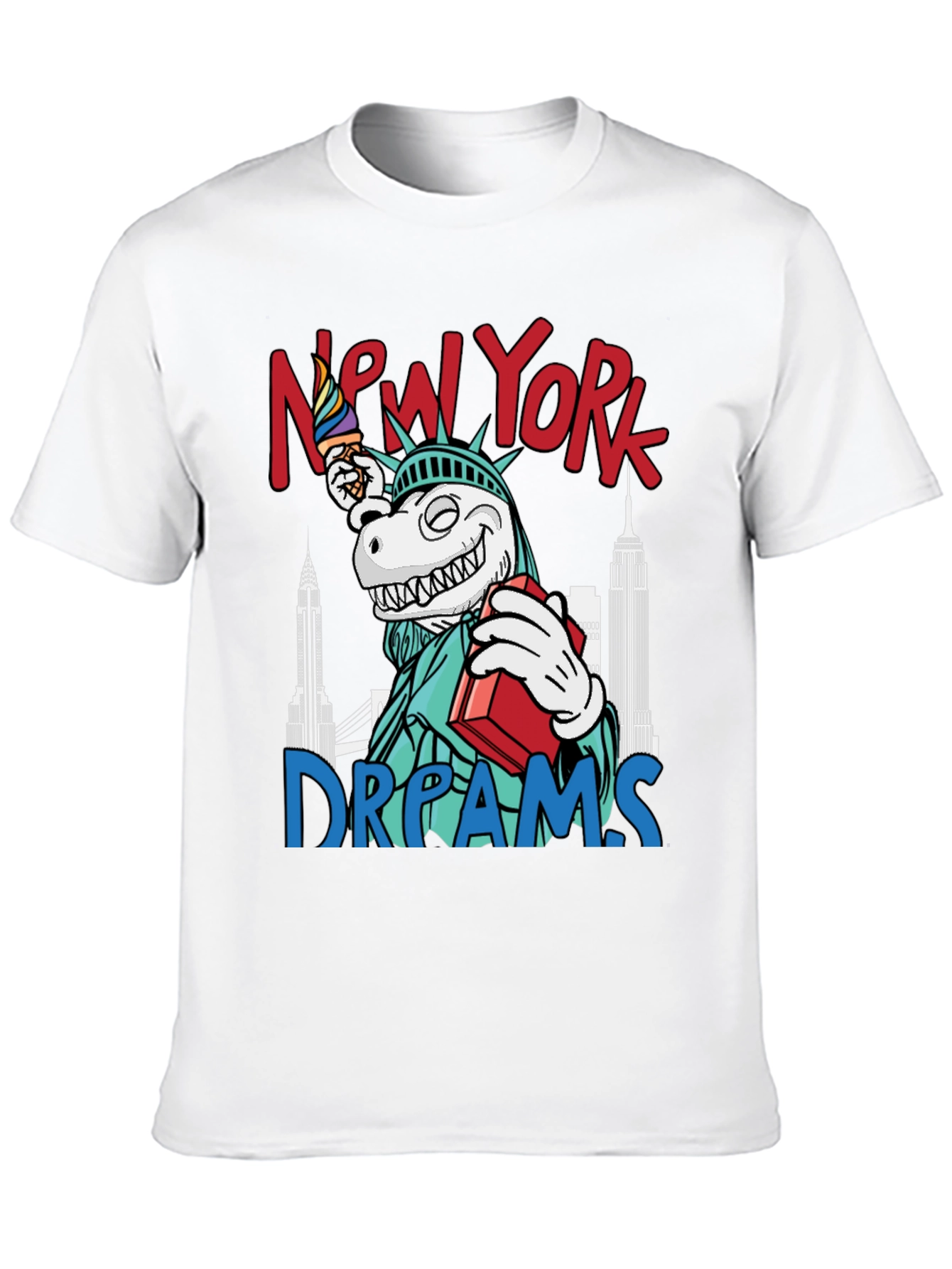 New York Dreams T-Shirt: Dinosaur Liberty Funny Tee