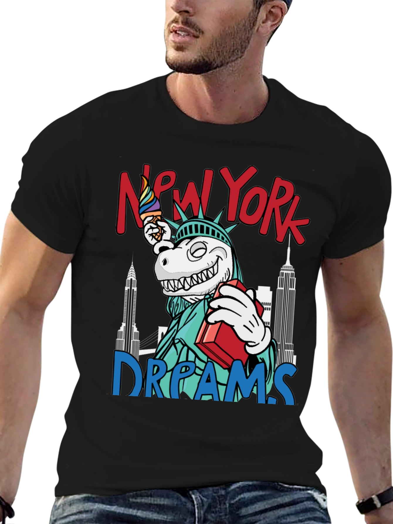 New York Dreams T-Shirt: Dinosaur Liberty Funny Tee