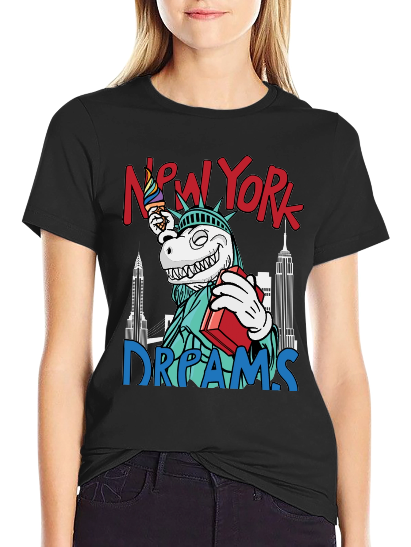 New York Dreams T-Shirt: Dinosaur Liberty Funny Tee
