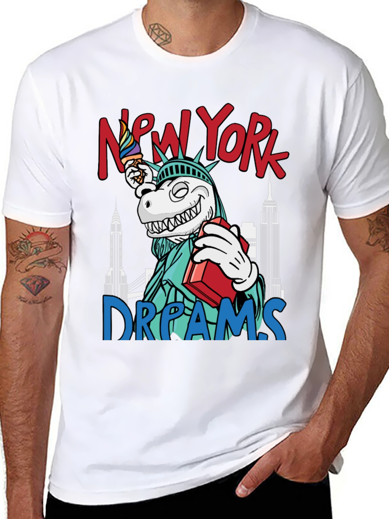 New York Dreams T-Shirt: Dinosaur Liberty Funny Tee