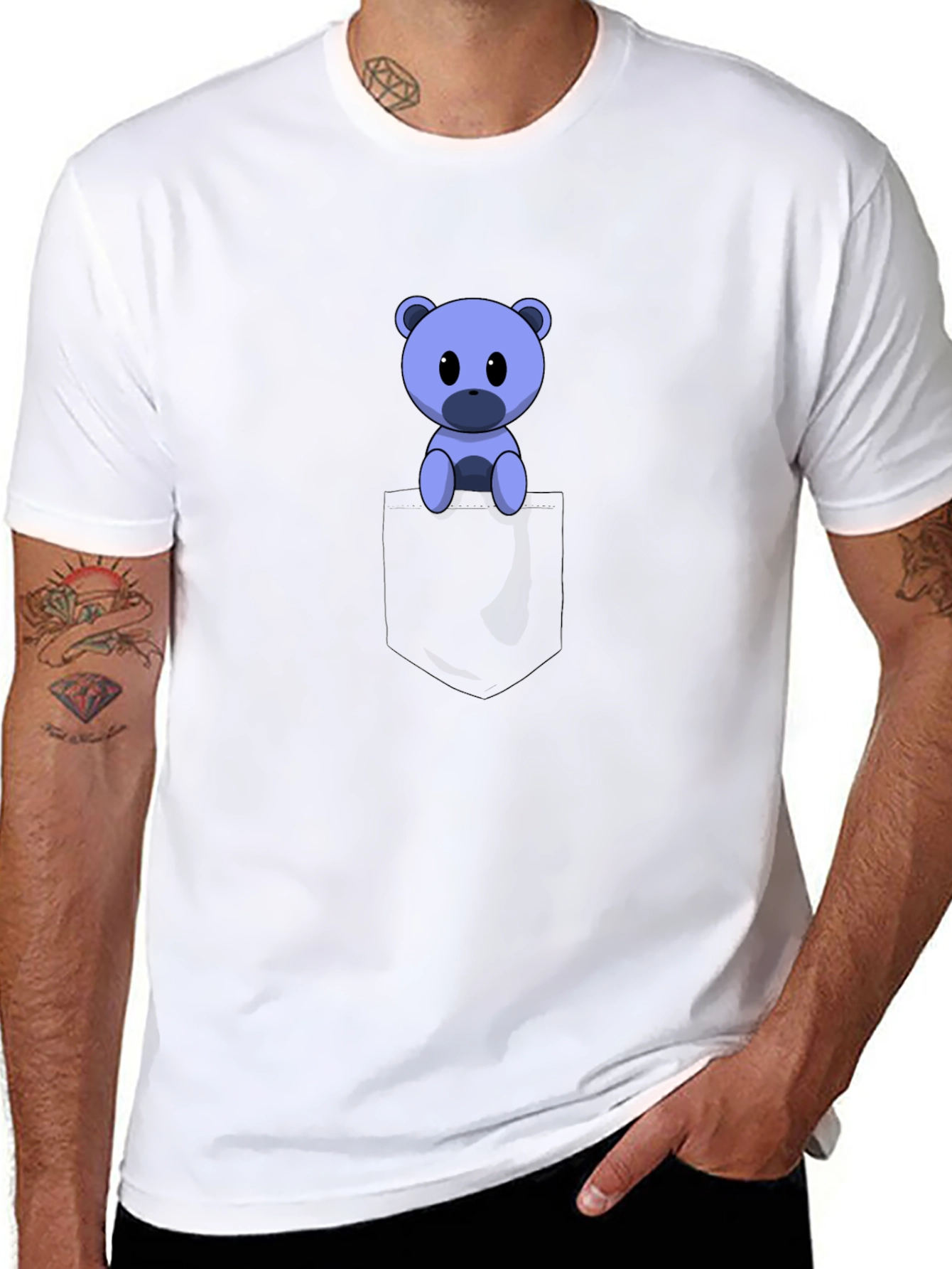 Cute Cartoon Bear in Pocket Black T-Shirt