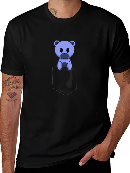 Cute Cartoon Bear in Pocket Black T-Shirt