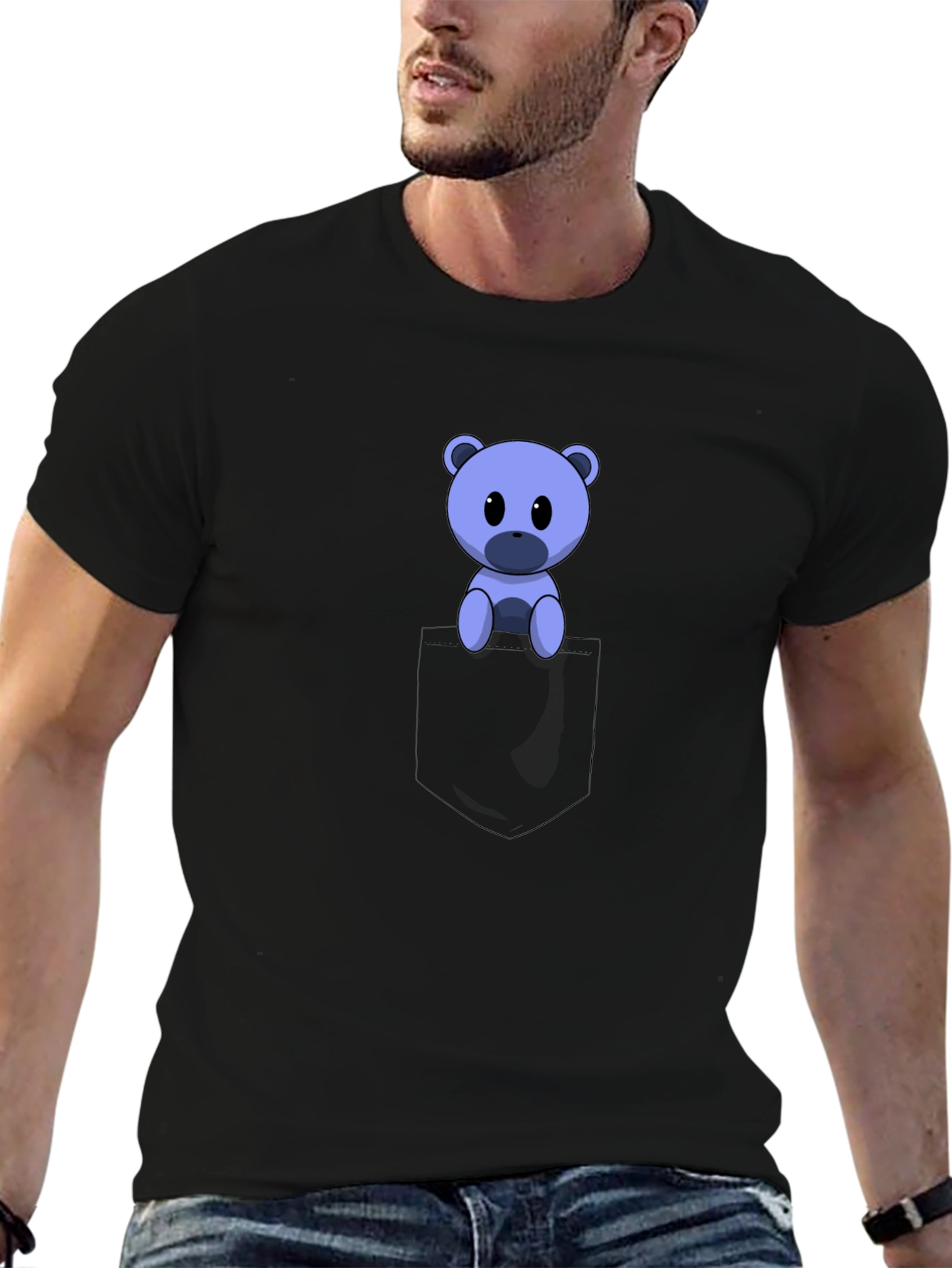 Cute Cartoon Bear in Pocket Black T-Shirt