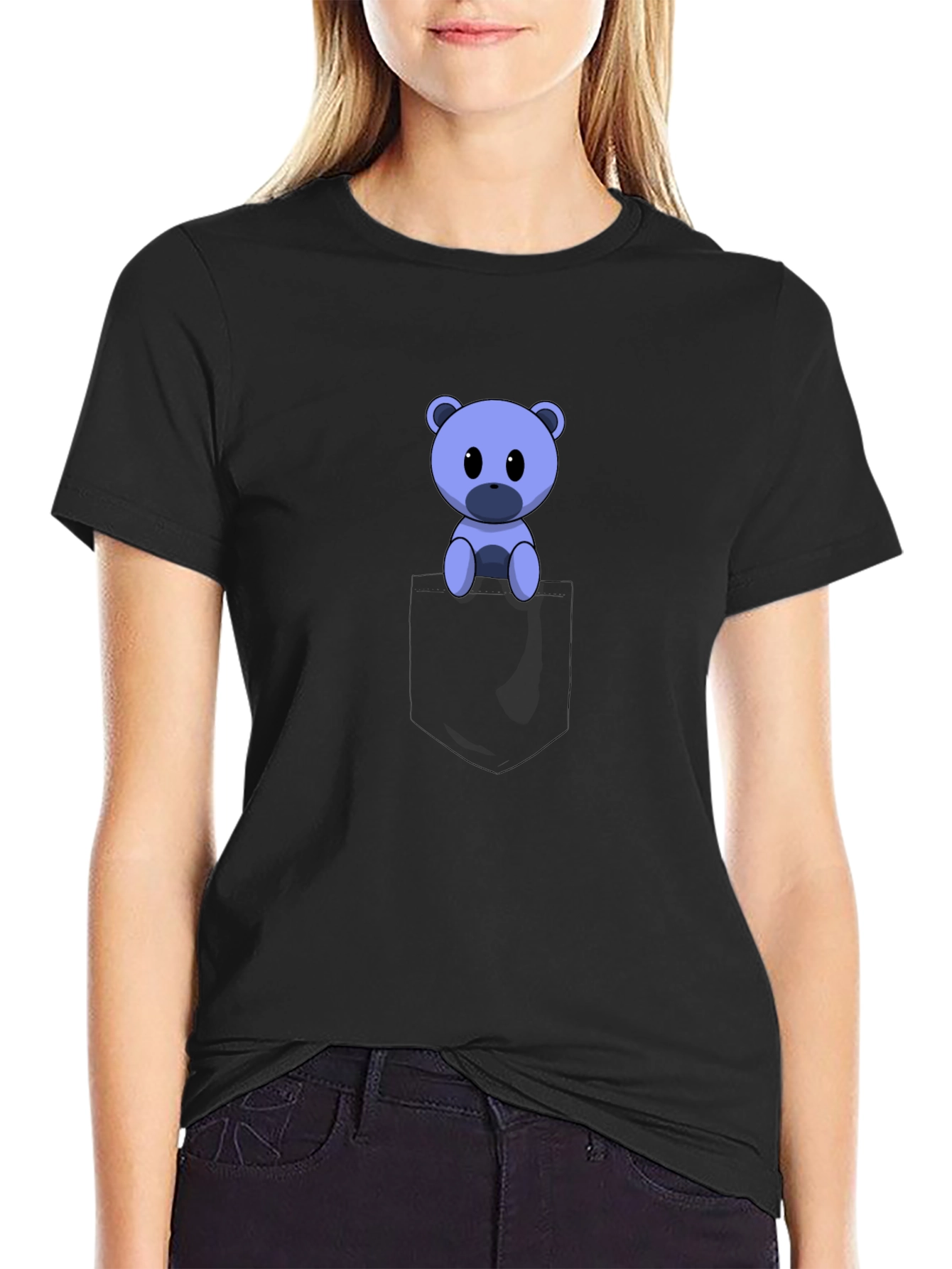 Cute Cartoon Bear in Pocket Black T-Shirt