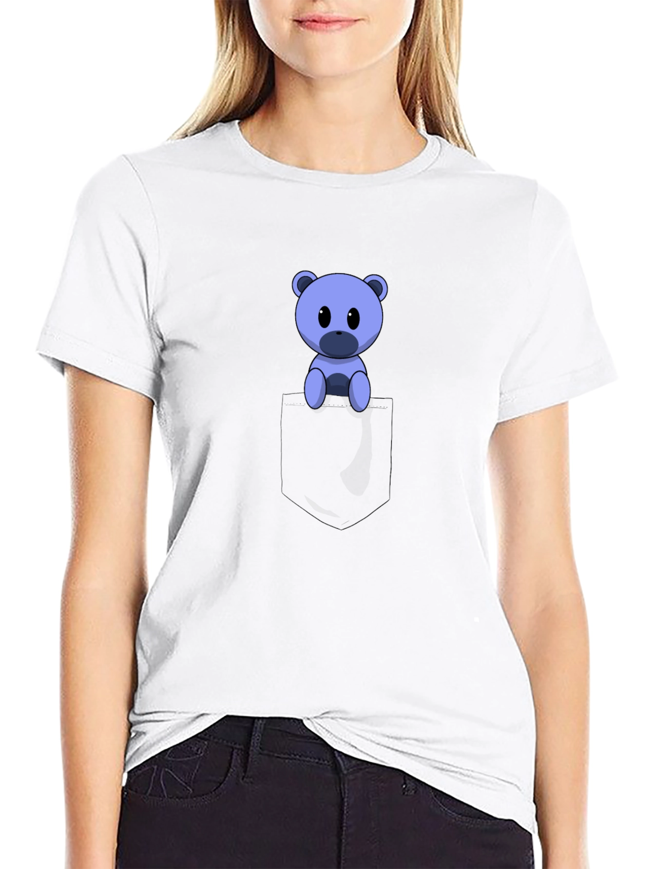 Cute Cartoon Bear in Pocket Black T-Shirt