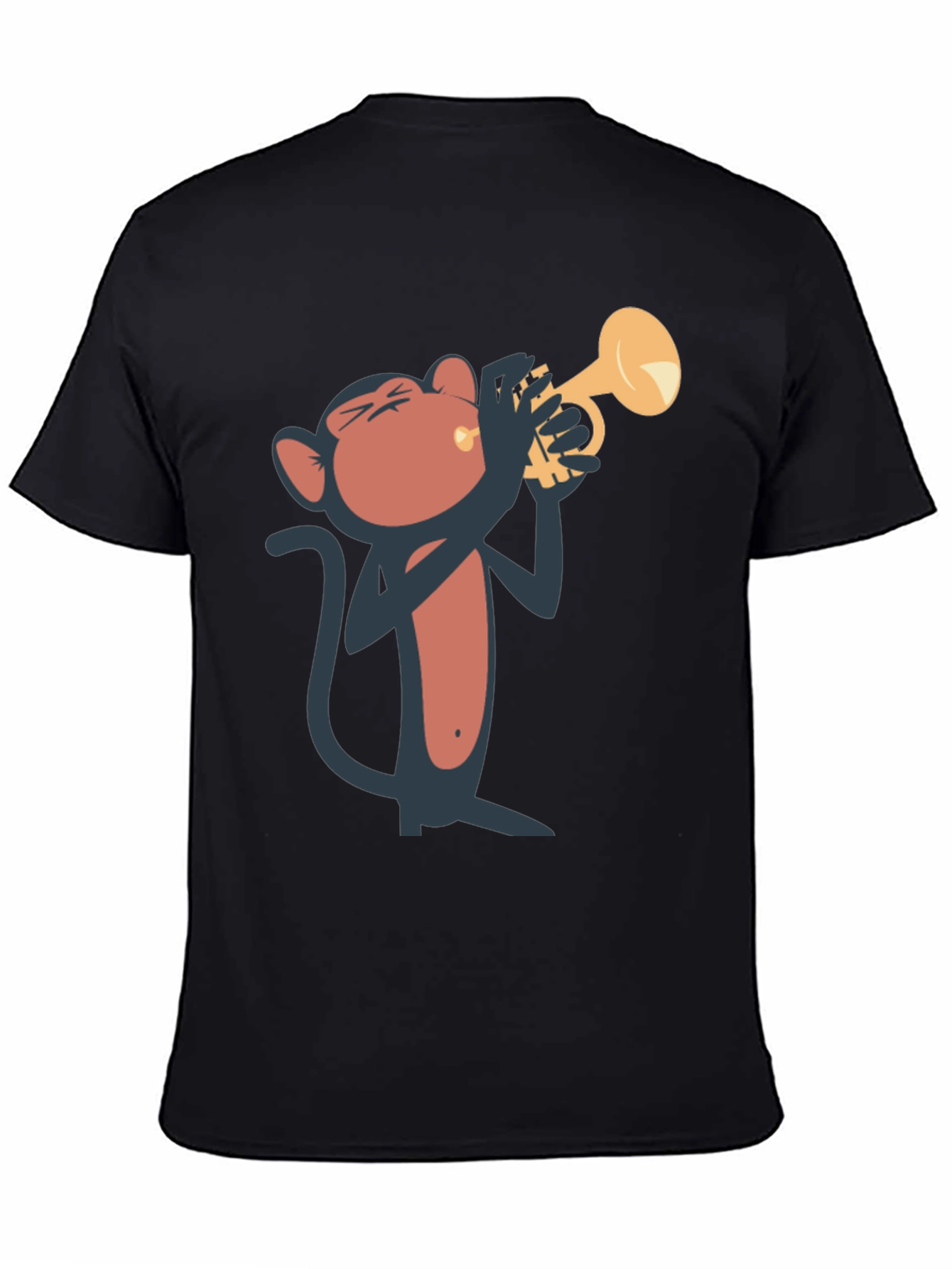 Monkey Playing Trumpet Graphic Tee - Black Cotton T-Shirt