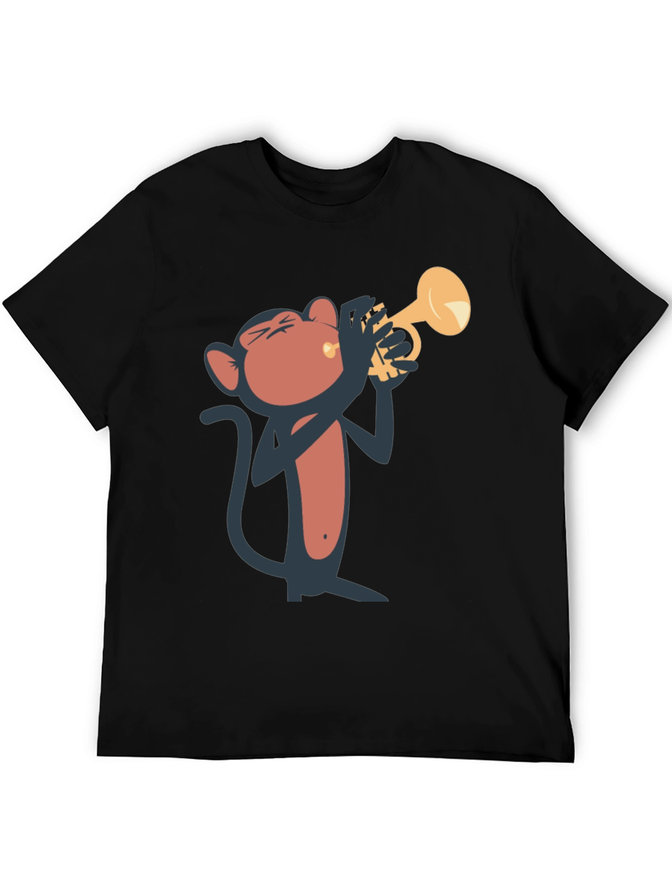 Monkey Playing Trumpet Graphic Tee - Black Cotton T-Shirt