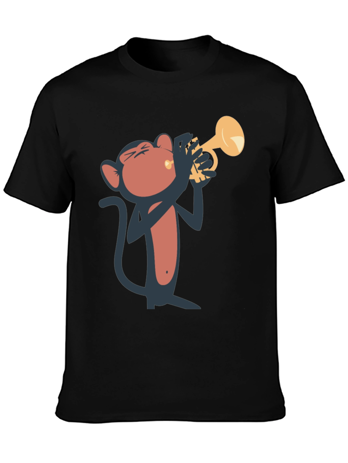 Monkey Playing Trumpet Graphic Tee - Black Cotton T-Shirt