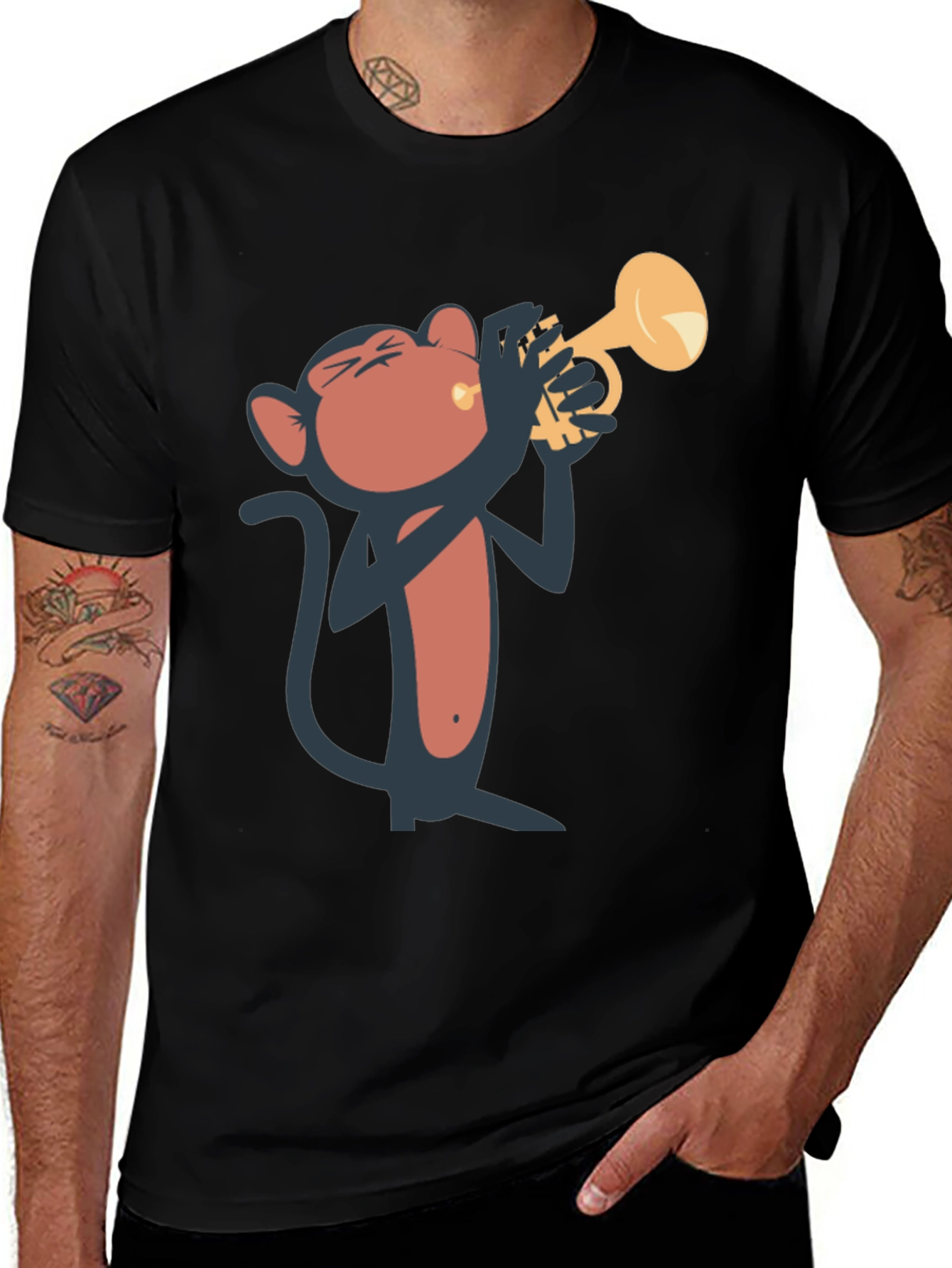 Monkey Playing Trumpet Graphic Tee - Black Cotton T-Shirt