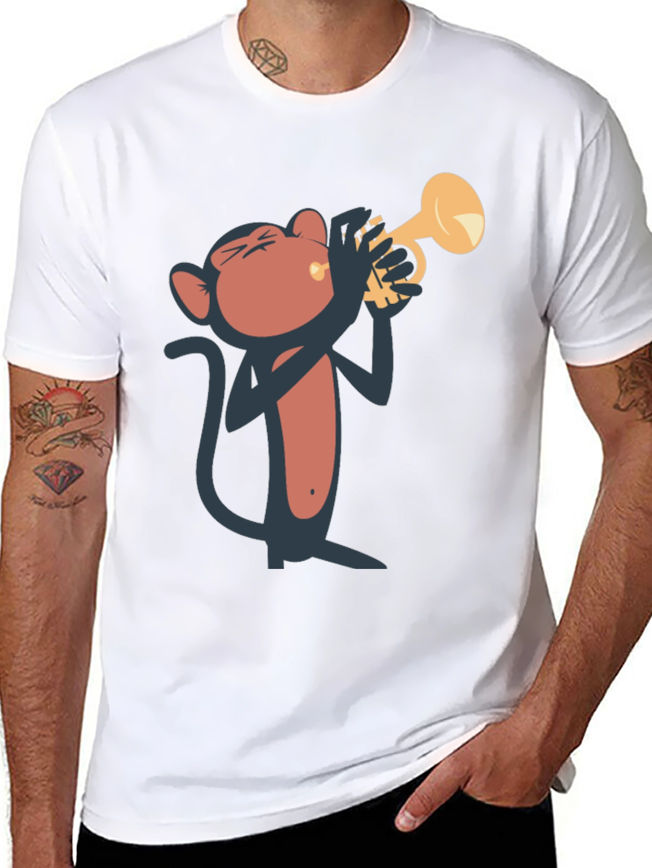 Monkey Playing Trumpet Graphic Tee - Black Cotton T-Shirt