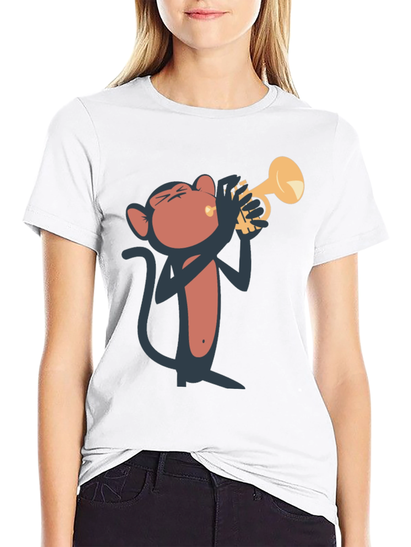 Monkey Playing Trumpet Graphic Tee - Black Cotton T-Shirt
