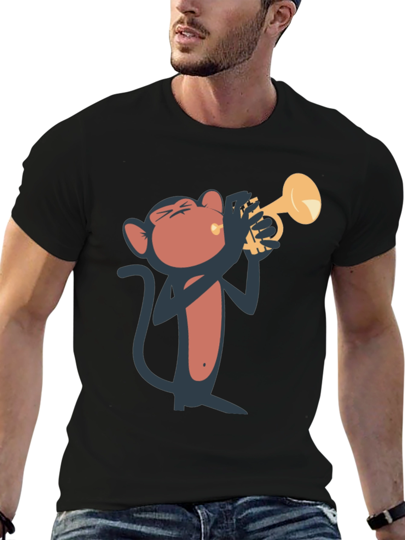 Monkey Playing Trumpet Graphic Tee - Black Cotton T-Shirt
