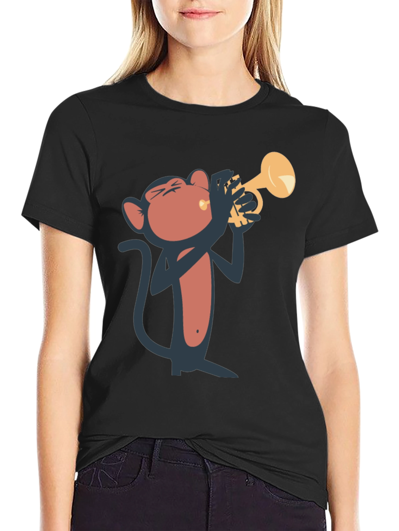 Monkey Playing Trumpet Graphic Tee - Black Cotton T-Shirt