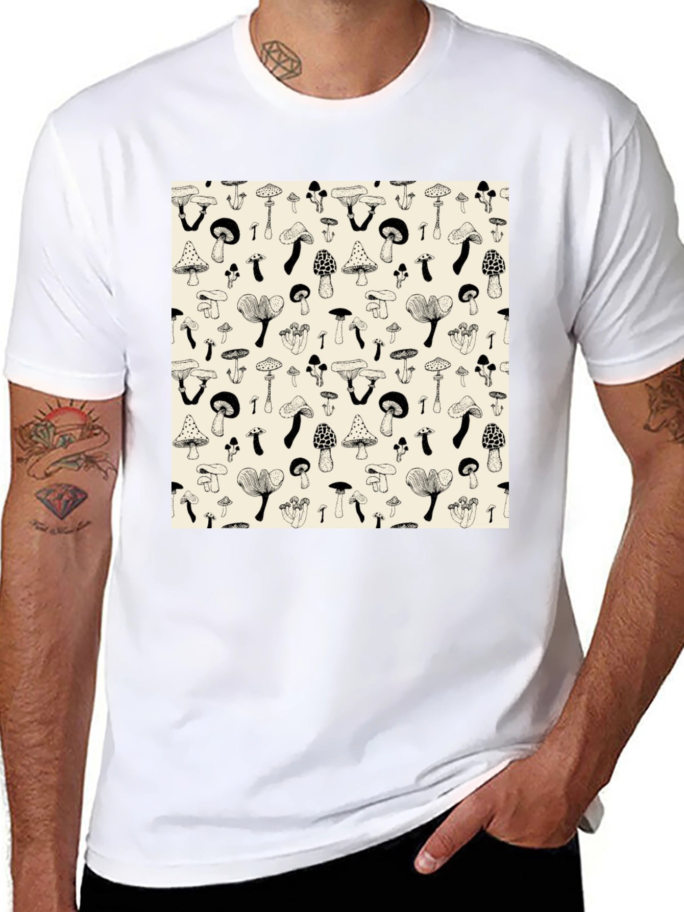 Mushroom Print Black T-Shirt - Unique Graphic Tee