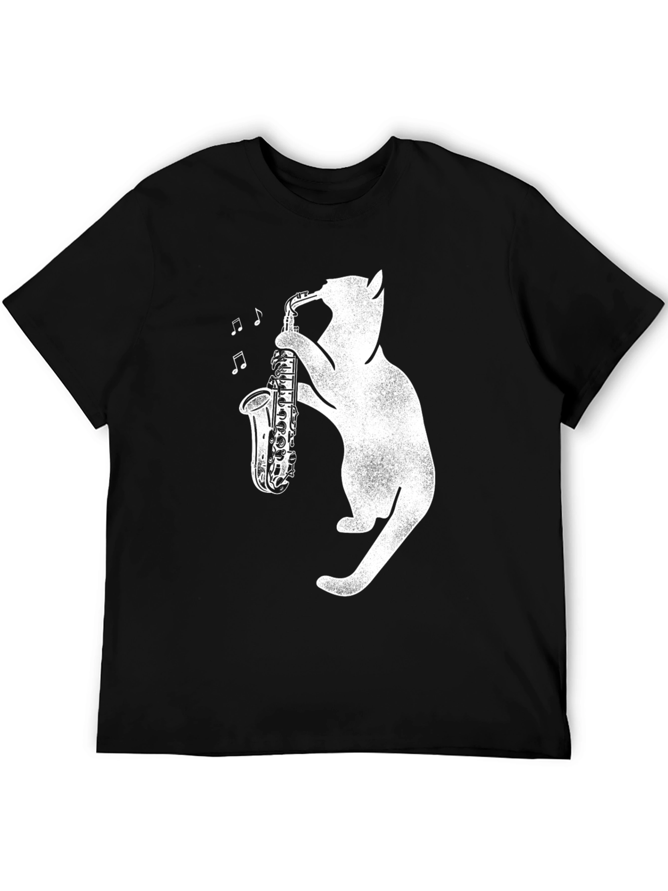 Cat Playing Saxophone Graphic Tee - Black Cotton Shirt