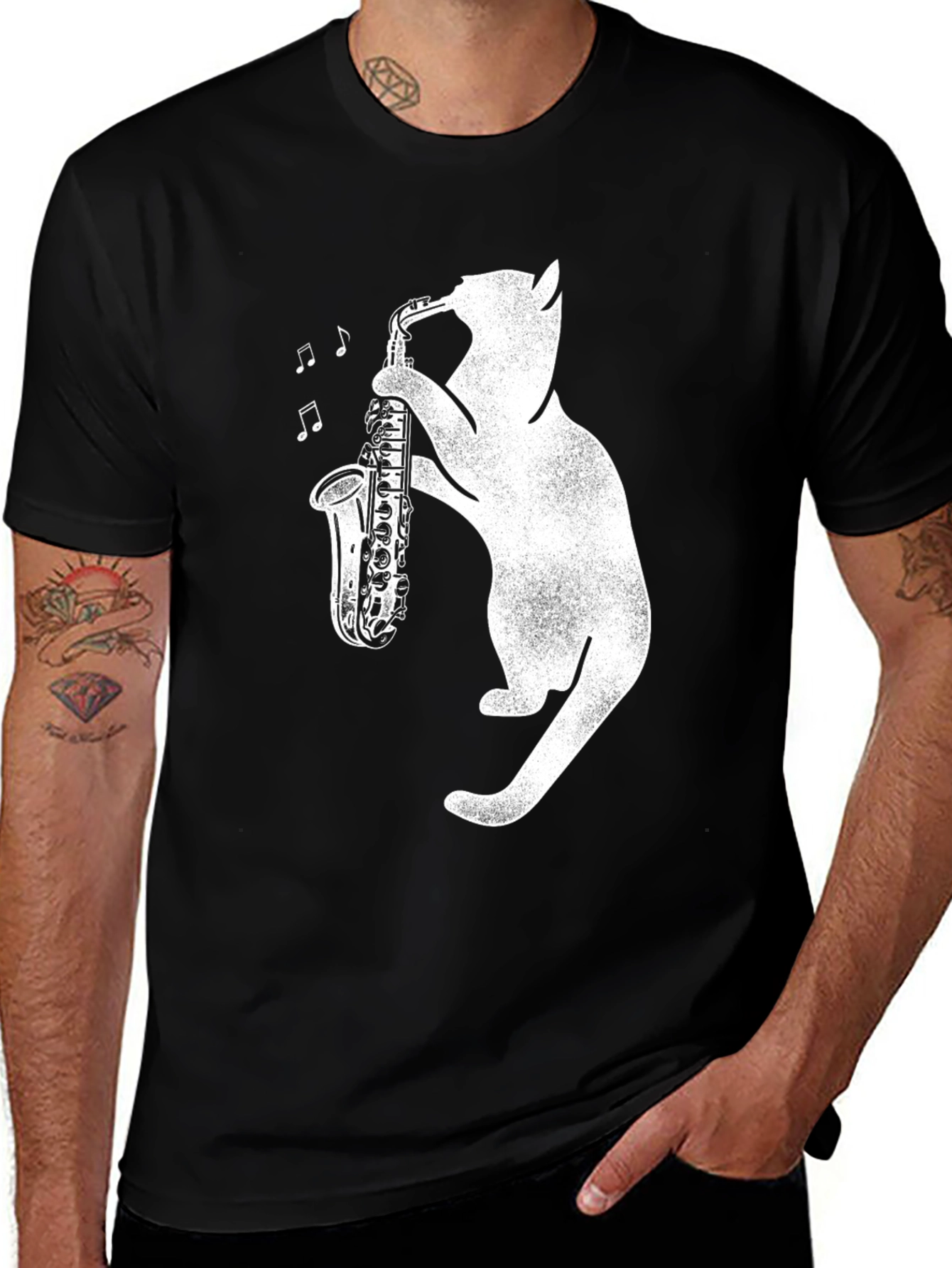 Cat Playing Saxophone Graphic Tee - Black Cotton Shirt