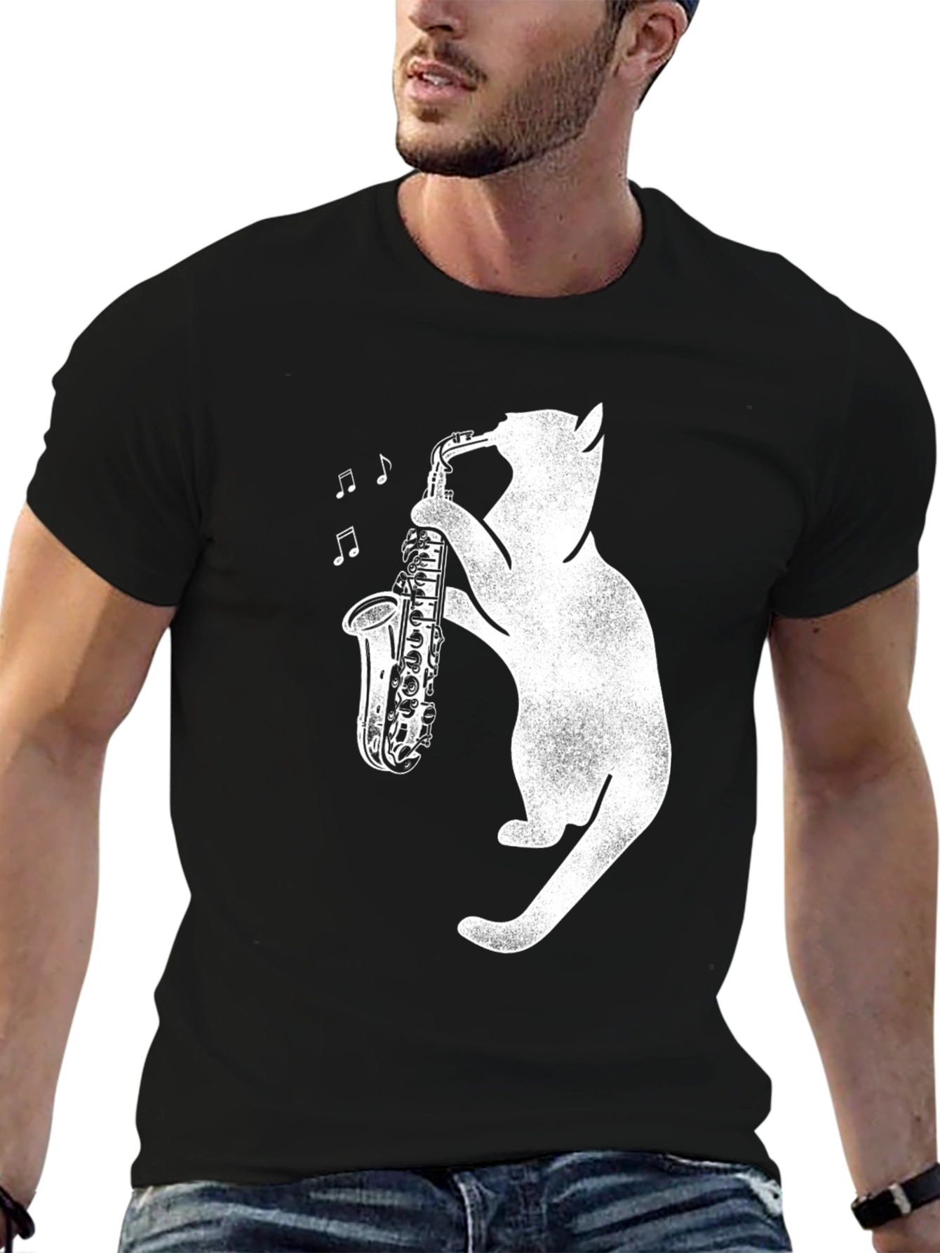 Cat Playing Saxophone Graphic Tee - Black Cotton Shirt