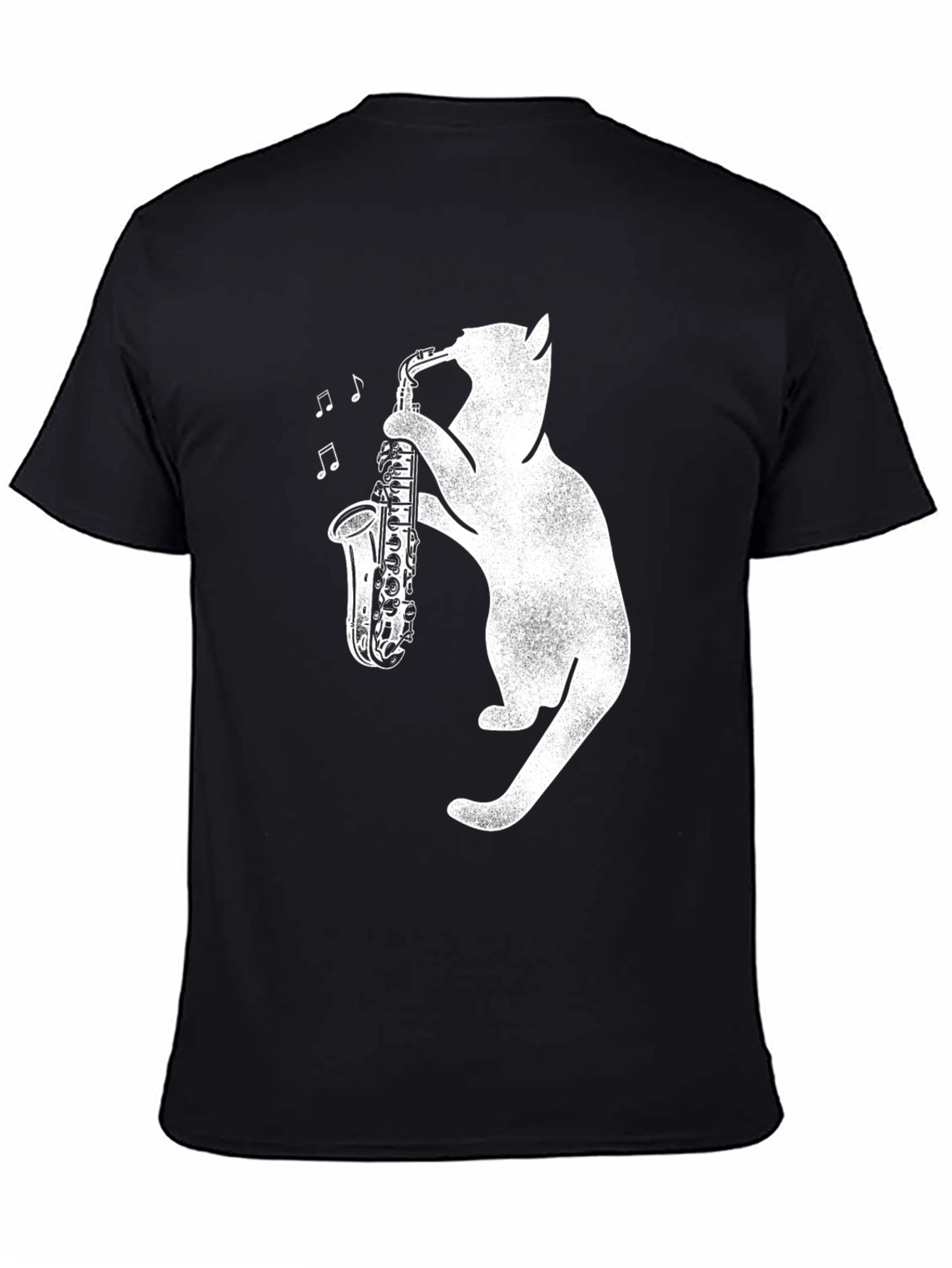 Cat Playing Saxophone Graphic Tee - Black Cotton Shirt