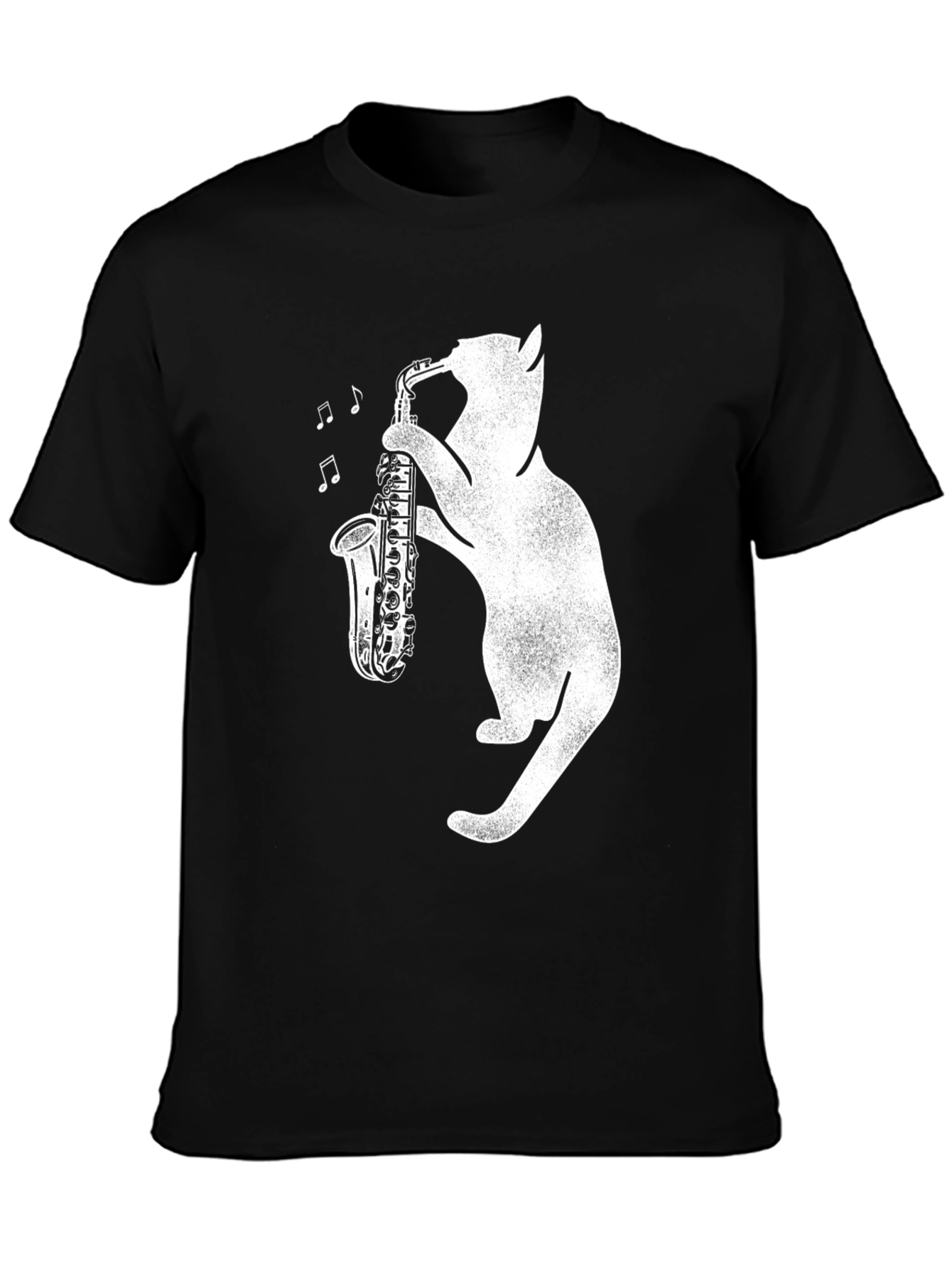 Cat Playing Saxophone Graphic Tee - Black Cotton Shirt