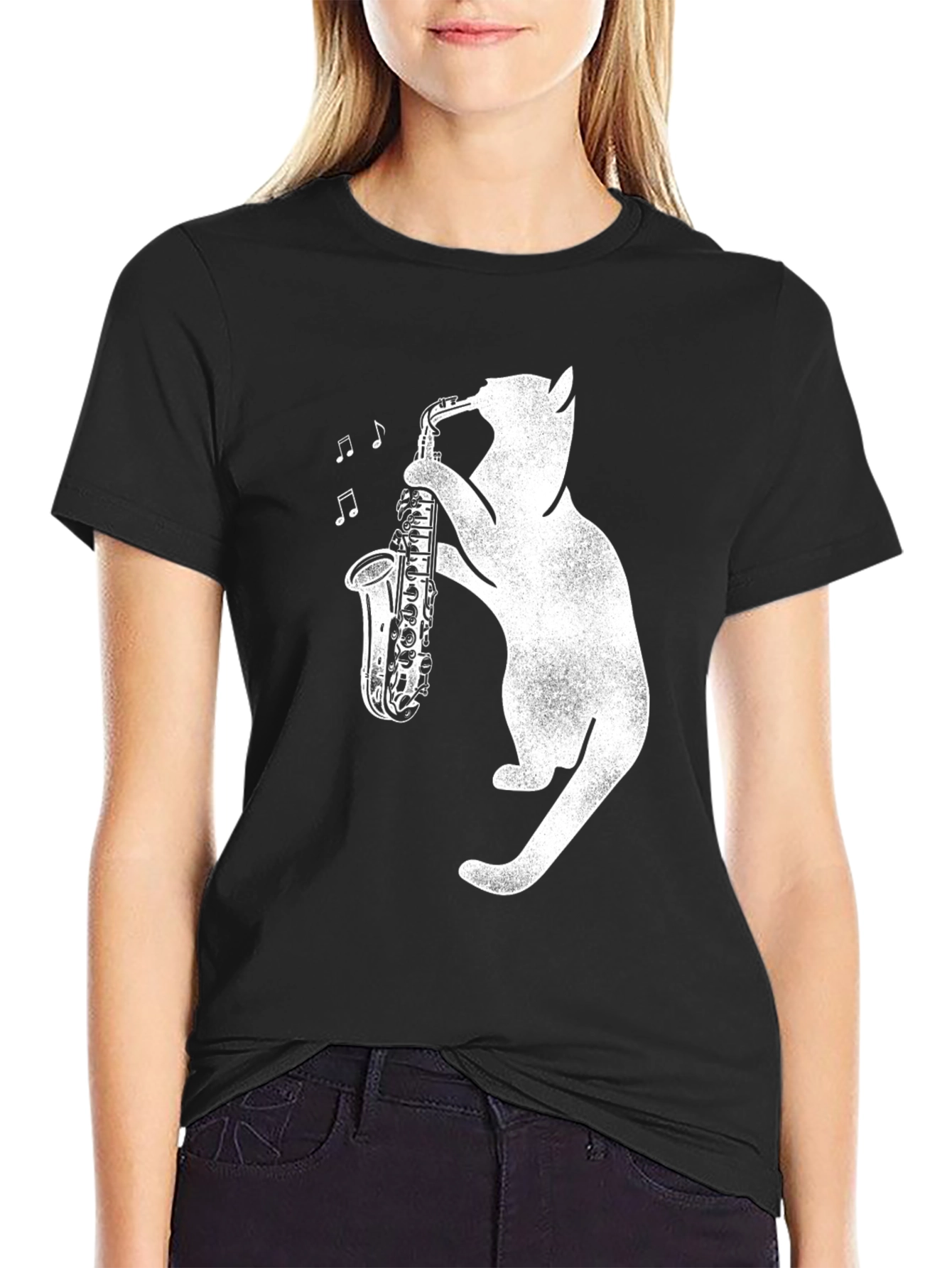 Cat Playing Saxophone Graphic Tee - Black Cotton Shirt