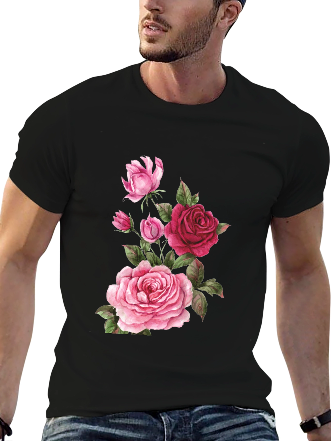 Floral Rose Print Black T-Shirt