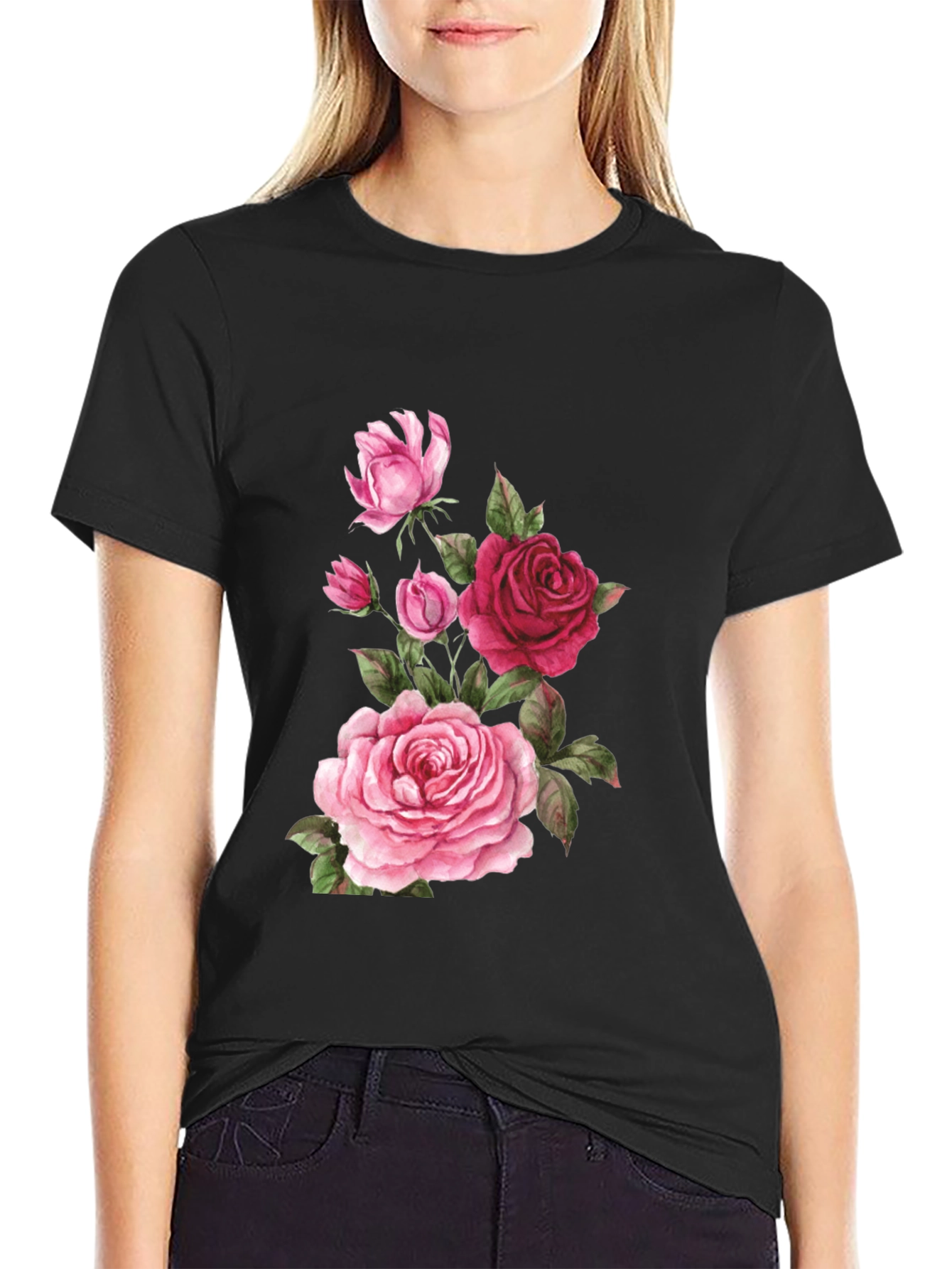 Floral Rose Print Black T-Shirt