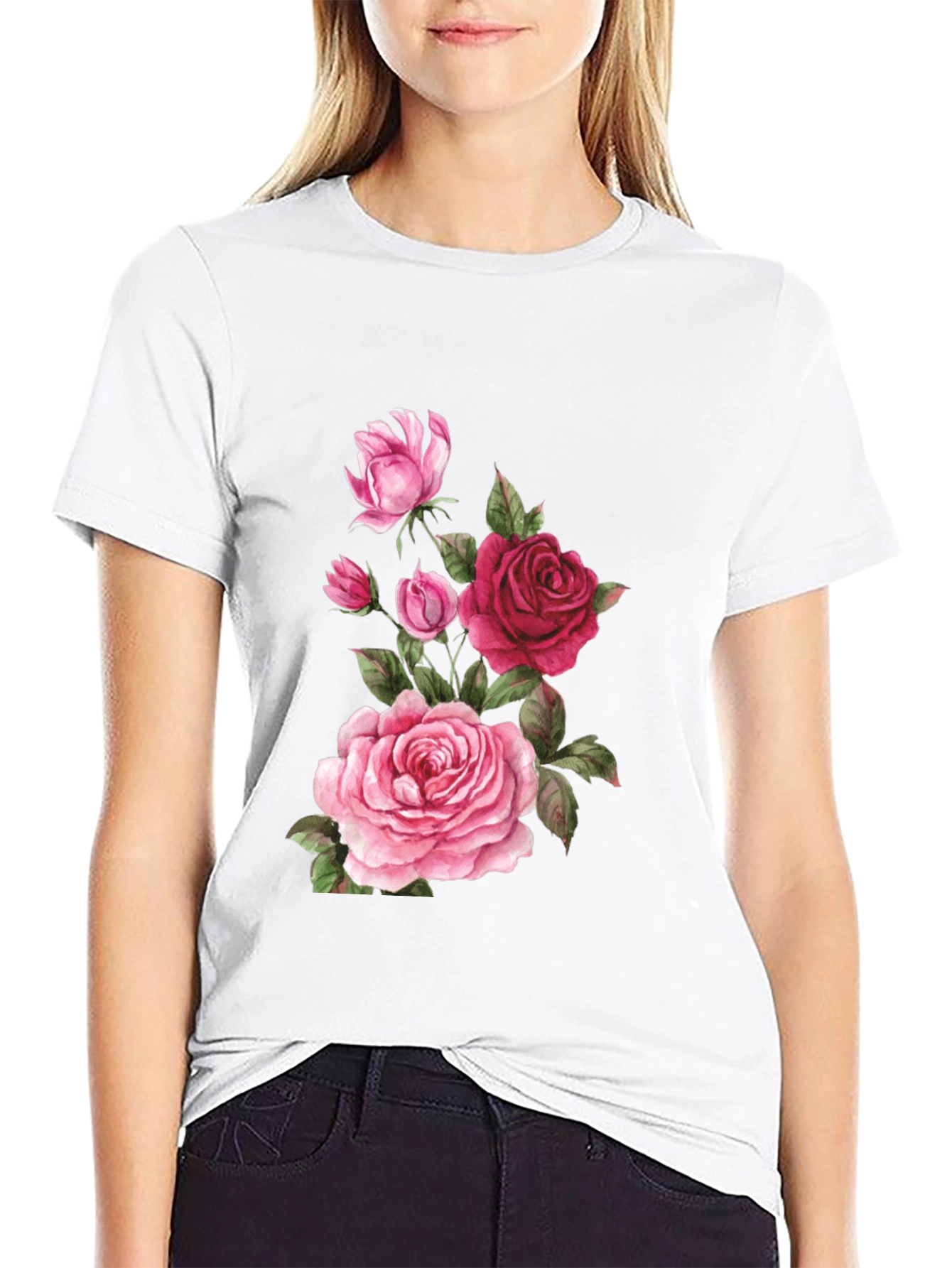 Floral Rose Print Black T-Shirt
