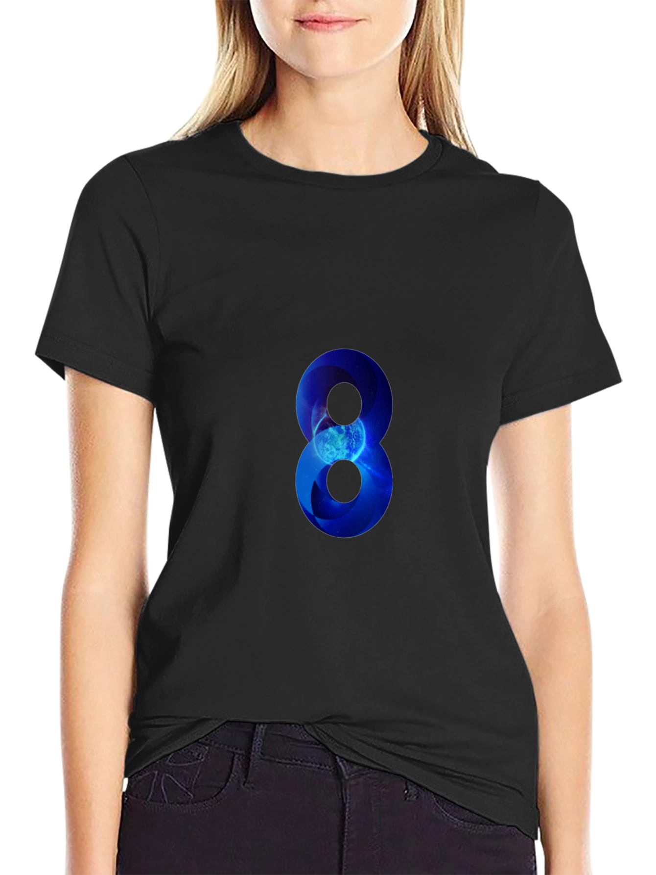 Blue Number 8 Graphic Print Black T-Shirt