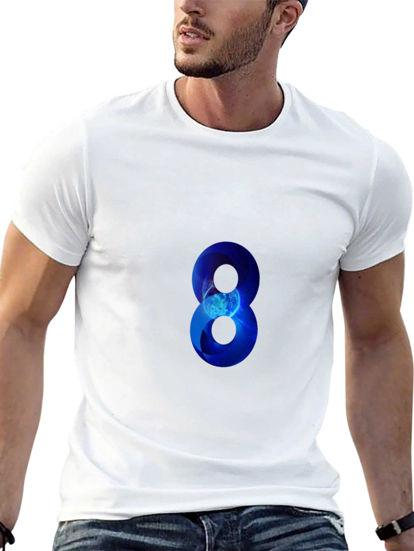 Blue Number 8 Graphic Print Black T-Shirt