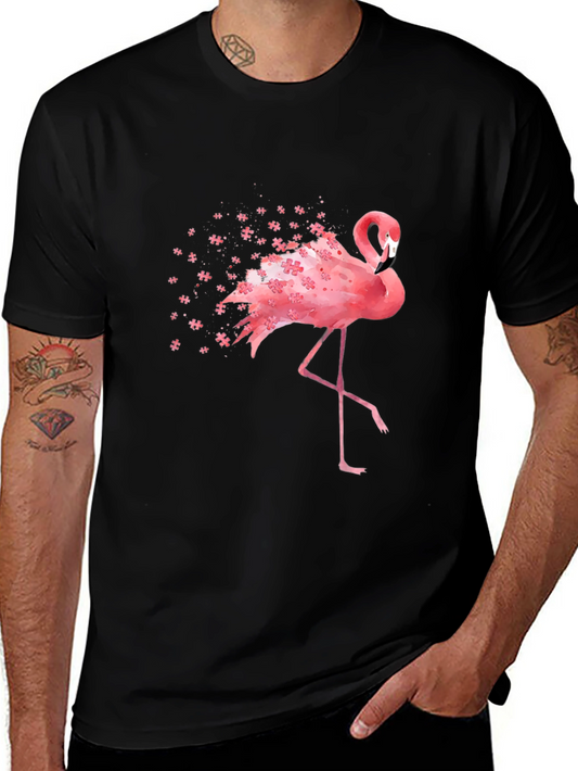 Flamingo Watercolor Graphic Tee - Black Cotton Casual T-Shirt