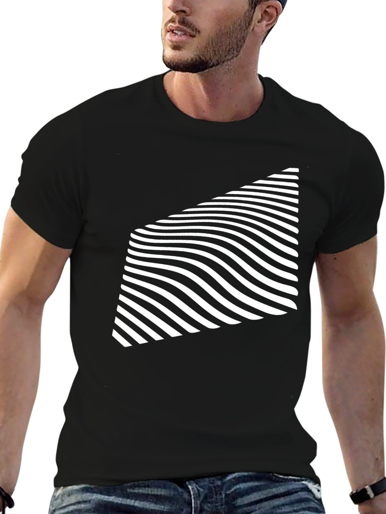 Modern Black T-Shirt with Geometric Wave Design