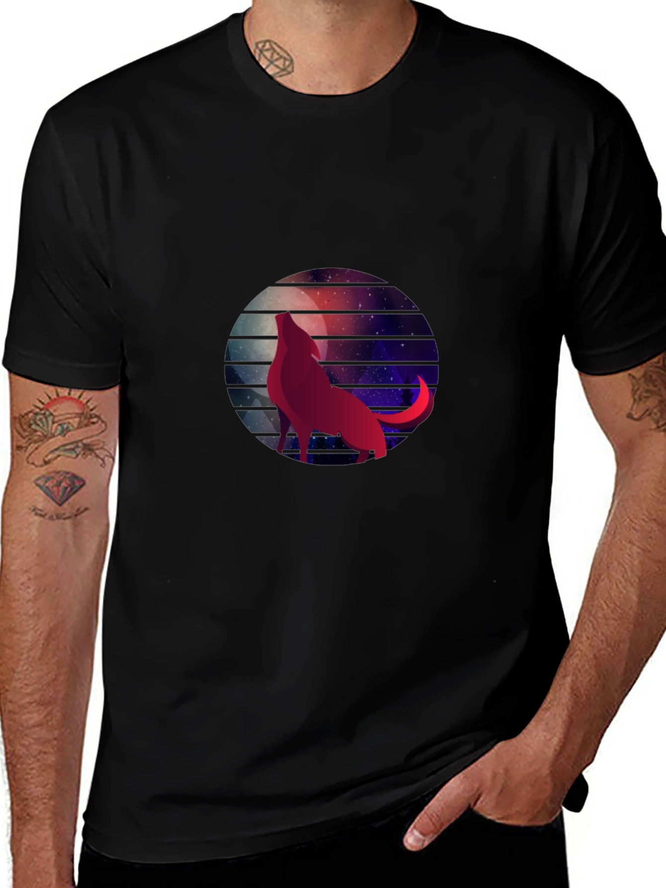 Wolf Moon Galaxy Graphic Tee - Black Cotton T-Shirt