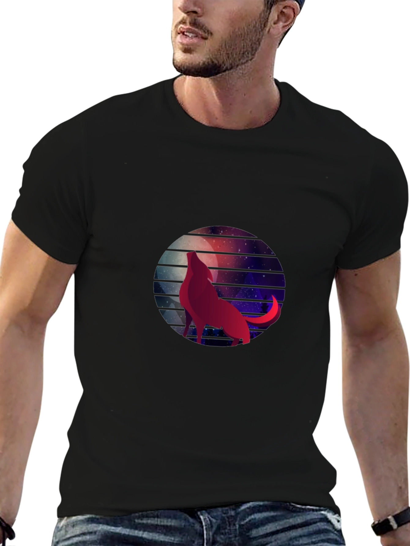 Wolf Moon Galaxy Graphic Tee - Black Cotton T-Shirt
