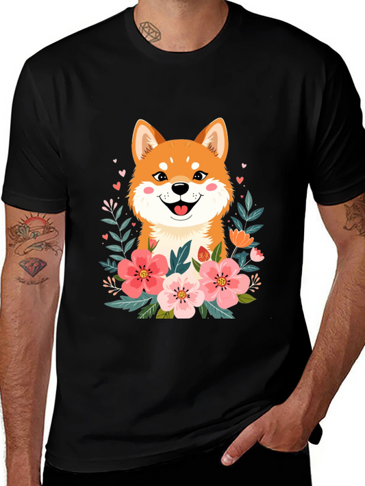 Shiba Inu Floral Graphic T-Shirt - Cute Dog Tee