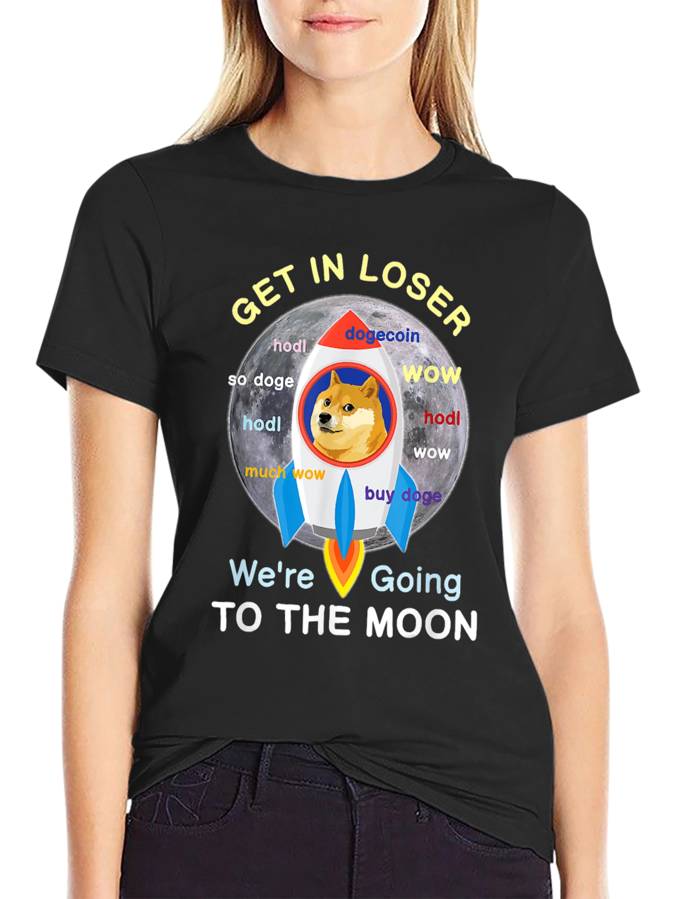 Dogecoin Rocket to the Moon Black T-Shirt