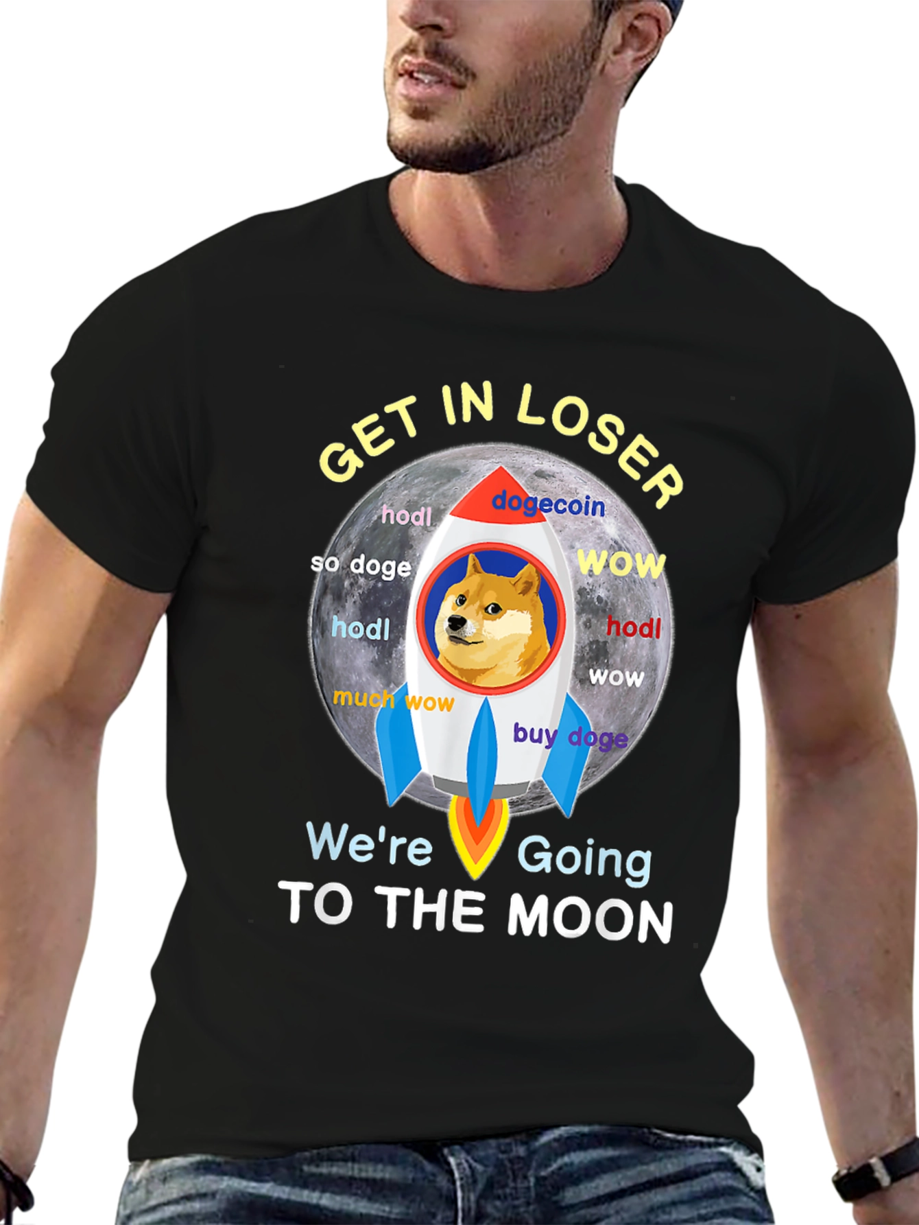 Dogecoin Rocket to the Moon Black T-Shirt