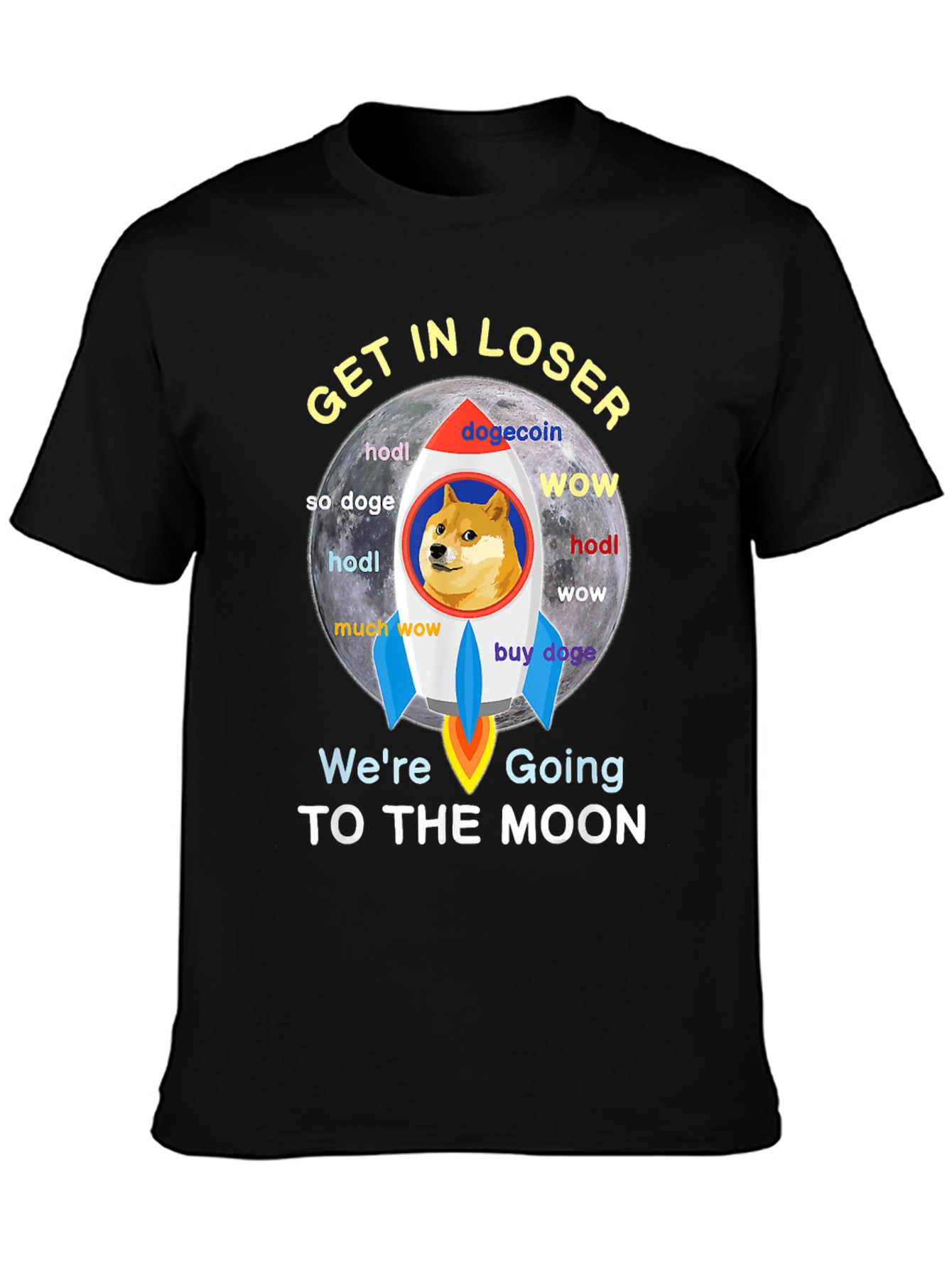 Dogecoin Rocket to the Moon Black T-Shirt