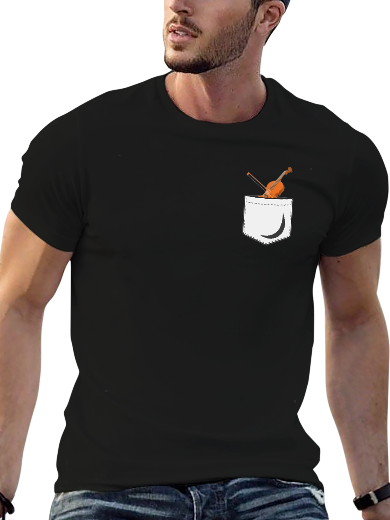 Violin Pocket Print Black T-Shirt - Unique Musical Tee